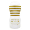 PREMIUM TENGA ORIGINAL VACUUM CUP SOFT 飛機杯 正面，金色條紋與白色杯體搭配，突顯高級質感與標誌設計。