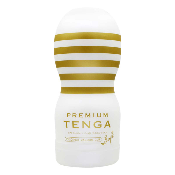 PREMIUM TENGA ORIGINAL VACUUM CUP SOFT 飛機杯 正面，金色條紋與白色杯體搭配，突顯高級質感與標誌設計。