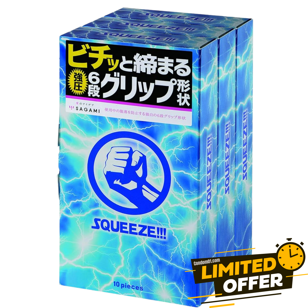 相模 Sagami SQUEEZE 六段緊 乳膠安全套，藍色閃電風格包裝，Condom 6 段 grip 設計，提供更緊密刺激體驗。