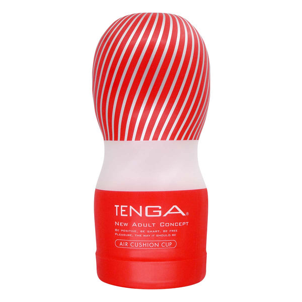 TENGA AIR CUSHION CUP 飛機杯 正面特寫，紅白外觀與產品名稱清晰可見