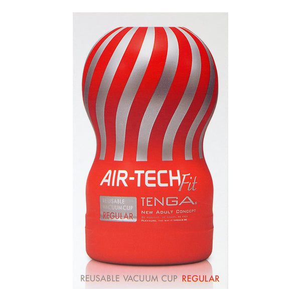 TENGA AIR-TECH Fit REGULAR 飛機杯展示，帶有經典紅白條紋設計，強調其高品質與日本製造。