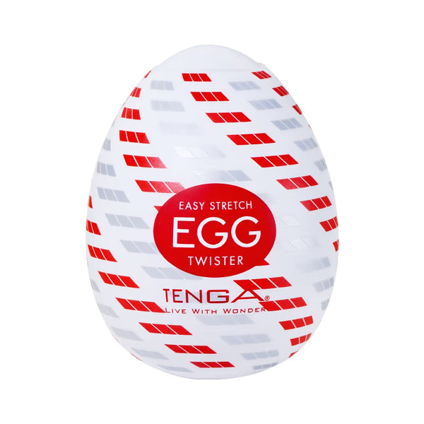 TENGA EGG TWISTER 飛機蛋 包裝正面清晰圖，白色蛋形外殼配紅色螺旋線條設計