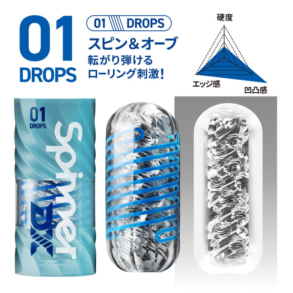 TENGA Spinner DX 01 DROPS 飛機杯的內部構造圖，顯示高密度紋理與滾動球體設計，提供獨特的旋轉刺激。