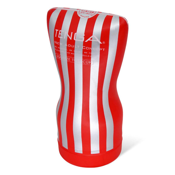 TENGA SQUEEZE TUBE CUP 飛機杯 主要展示圖，紅色條紋設計，獨特曲線外型