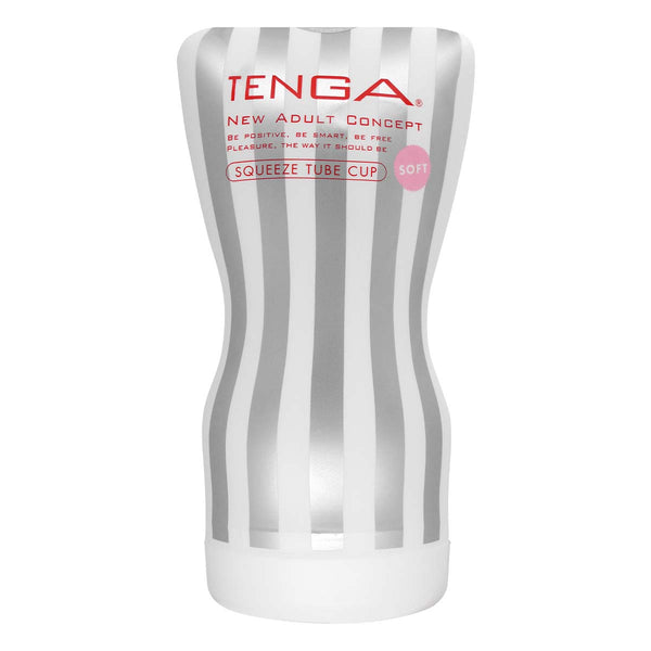 TENGA SQUEEZE TUBE CUP SOFT 飛機杯 正面特寫，銀白條紋設計與 SOFT 標誌清晰可見