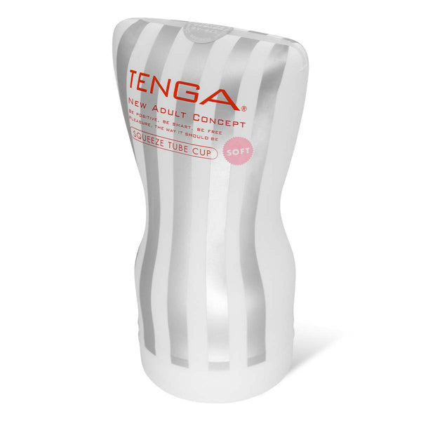 TENGA SQUEEZE TUBE CUP SOFT 飛機杯 主要展示圖，柔和銀白條紋設計，獨特柔軟曲線外型