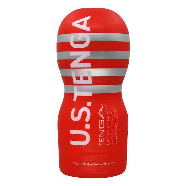 U.S. TENGA ORIGINAL VACUUM CUP 正面視圖，紅色外型搭配銀色條紋設計與 U.S.TENGA 標識。