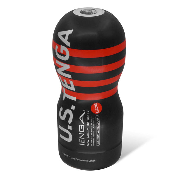 U.S. TENGA ORIGINAL VACUUM CUP HARD 飛機杯 立體產品圖，呈現黑色與紅條設計