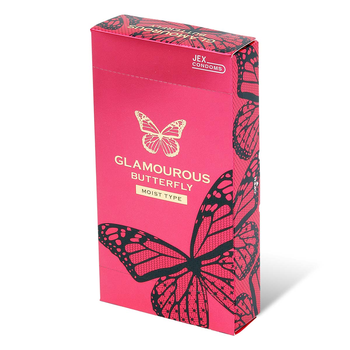 JEX 魅力蝴蝶 Glamourous Butterfly Moist 滋潤型 安全套主圖，粉紅色 Condom 包裝搭配蝴蝶設計，突顯產品特色。