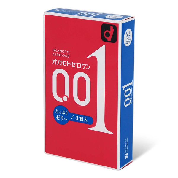 岡本 0.01 潤滑加量版 安全套 condom 3片裝，包裝展示，強調 200% 潤滑量，提供更順滑體驗。