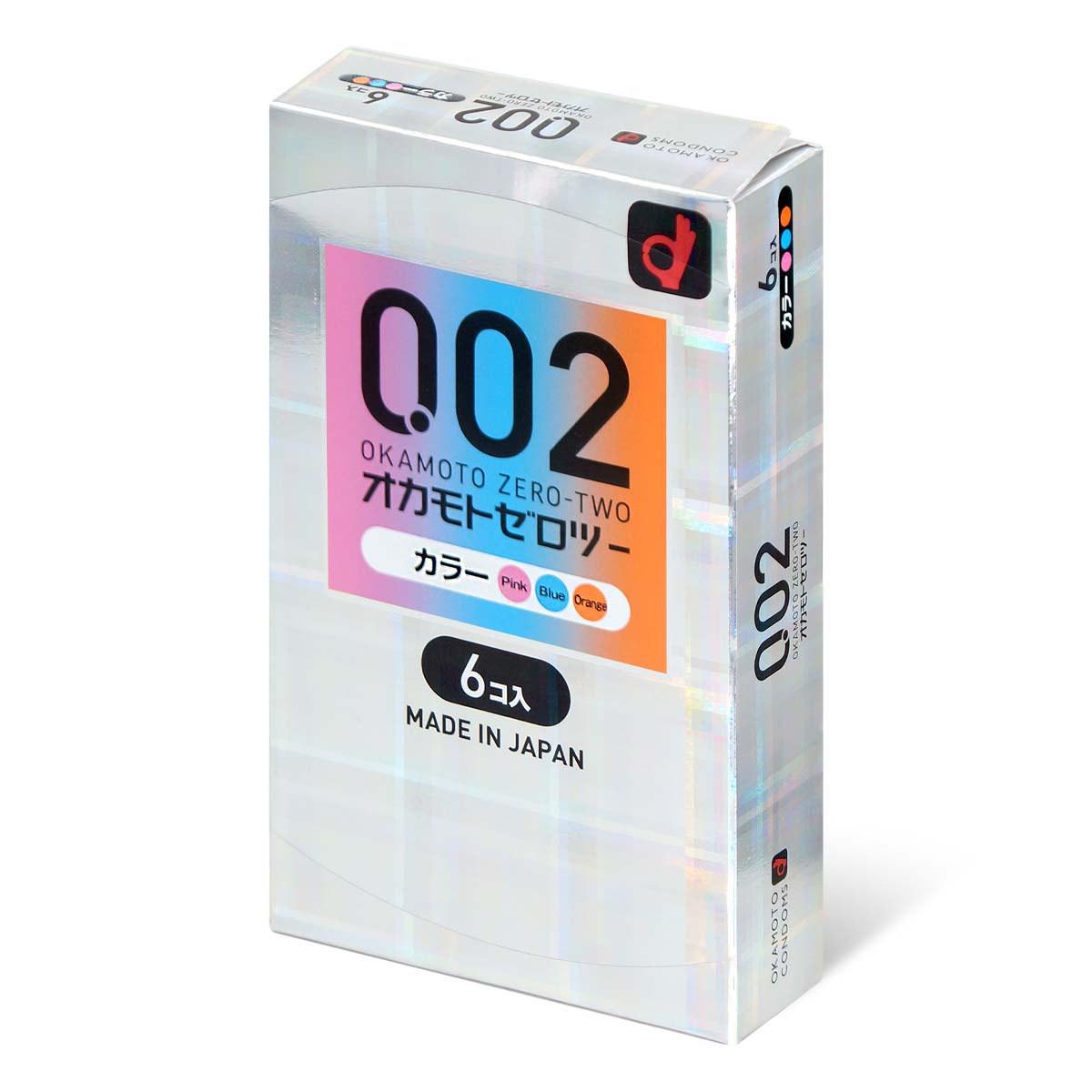 岡本 Okamoto 0.02 三色系 安全套 condom 日本版 6片裝 產品包裝，全方位展示。
