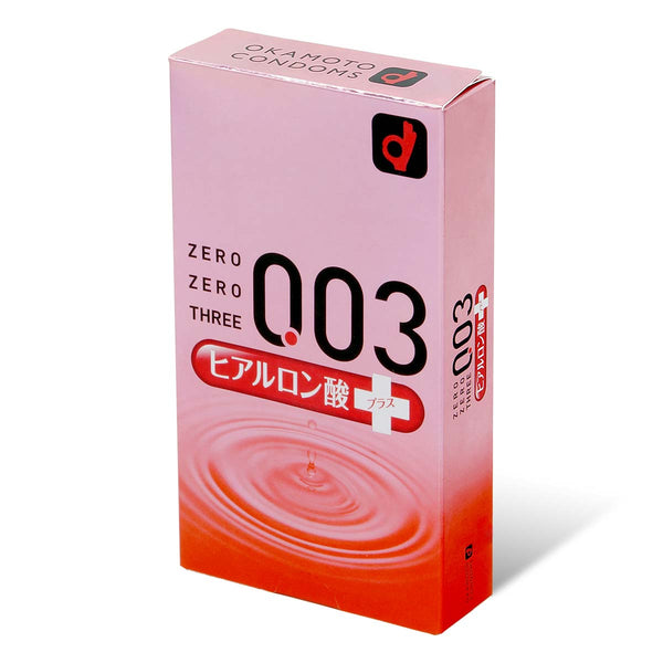 岡本 0.03 透明質酸 安全套 condom 10 片裝側面，透明質酸配合水性潤滑劑，減少摩擦不適，增強貼合感