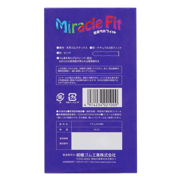 Sagami 相模 Miracle Fit 奇妙貼身乳膠安全套背面包裝，詳細列出產品規格、材質與日本製造品質保證