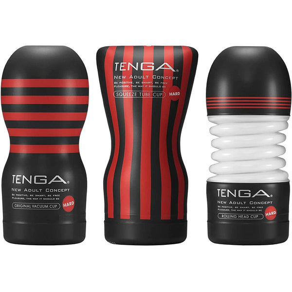 一組三款 TENGA CUP HARD 飛機杯，包括 ORIGINAL VACUUM CUP HARD、SQUEEZE TUBE CUP HARD 和 ROLLING HEAD CUP HARD ，黑紅設計突顯強烈刺激感。