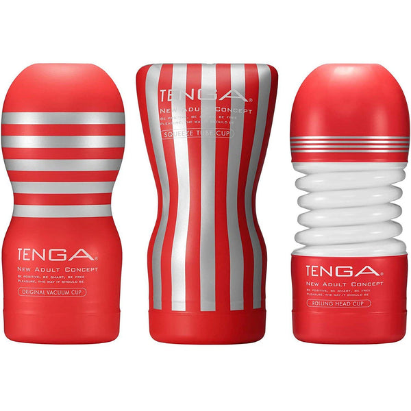 TENGA CUP 標準系列精選套裝，包括 ORIGINAL VACUUM CUP、SQUEEZE TUBE CUP 和 ROLLING HEAD CUP，提供多種刺激與吸附感，滿足不同需求的飛機杯組合。