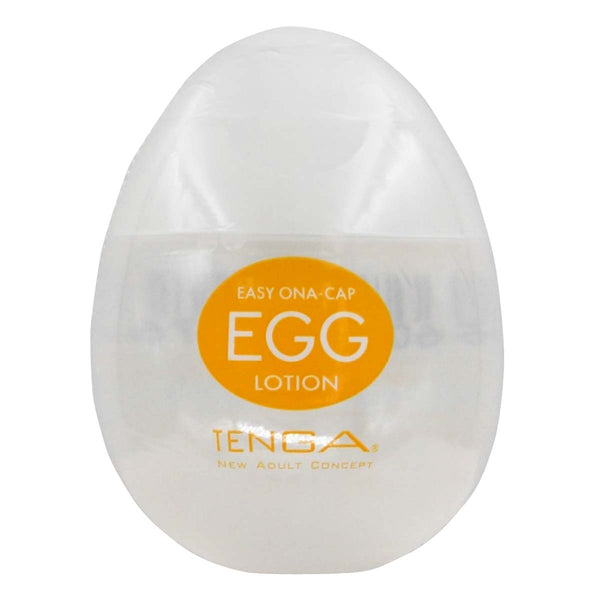 TENGA EGG LOTION 正面圖，透明蛋型設計，印有橙色標籤，易於使用與儲存。